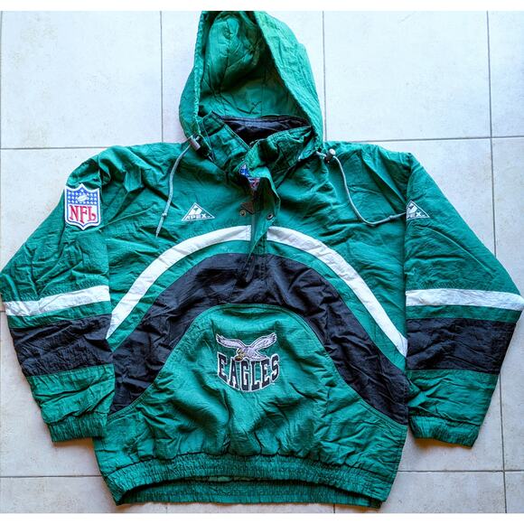 Philadelphia Eagles 90s APEX puffer 1/2 pullover jacket L kelly blk NFL Pro vtg - Picture 2 of 6